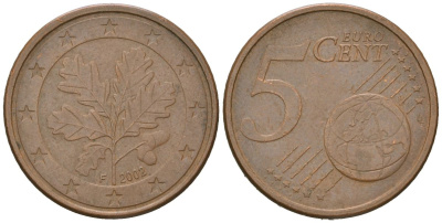 Германия 5 евроцентов 2002 F KM 209 сталь плакированная медью 4529-947