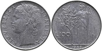 ИТАЛИЯ 100 ЛИР 1966 R, АФИНА KM 96.1 нержавеющая сталь 97-611