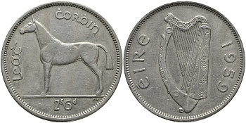 ИРЛАНДИЯ 1/2 КРОНЫ - 2 ШИЛЛИНГА 6 ПЕНСОВ 1959 ЛОШАДЬ KM 16а медно-никель 3457-245