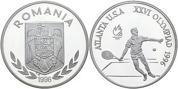 Румыния 100 леев 1996 XXVI Олимпийские игры 1996 года в Атланте, 100 лет Олимпийскому движению, большой теннис, пробный выпуск KM PnD 315.1A1 алюминий  PROOF  11-156-44