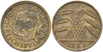 ГЕРМАНИЯ 10 РЕЙХСПФЕННИГОВ 1925 G KM 40, J. 317 алюминиевая бронза 175-212