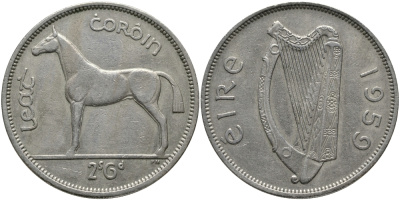 ИРЛАНДИЯ 1/2 КРОНЫ - 2 ШИЛЛИНГА 6 ПЕНСОВ 1959 ЛОШАДЬ KM 16а медно-никель 3457-245