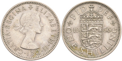Великобритания 1 шиллинг 1956 Елизавета II (1952-2022), Английский герб KM 904, Spink 4147 медно-никель 4556-625