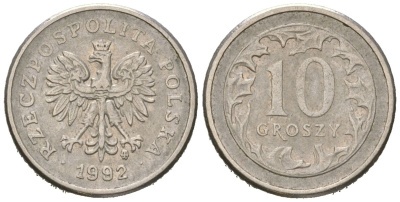 Польша 10 грошей 1992 KM 279 медно-никель aUNC 4532-355