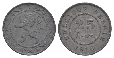 Бельгия 25 сантимов 1918 германская оккупация Первая мировая война, Альберт I (1909-1934) KM 82 цинк 4156-847