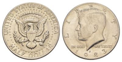 США 1/2 доллара (50 центов) 1983 P, Джон Кеннеди KM A202b медь плакированная медно-никелем aUNC 180-935