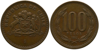 Чили 100 песо 1992 So KM 226.2, Schon 71 алюминиевая бронза 4544-1036