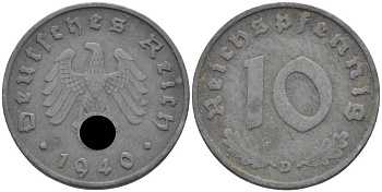 ГЕРМАНИЯ 10 РЕЙХСПФЕННИГОВ 1940 D KM 101, J. 371 цинк 4401-836