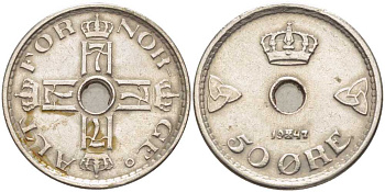 Норвегия 50 эре 1947 Хокон VII (1905-1957) KM 386 медно-никель 119-931