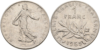 Франция 1 франк 1965 сеятель KM 925.1, Le Franc 226.9 никель 68-1226