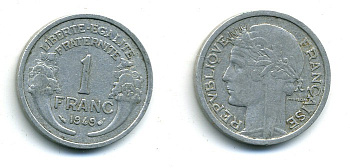 ФРАНЦИЯ 1 ФРАНК 1949 ТИП MORLON, LEGERE KM 885a 1, LE FRANC 221.15 алюминий 84-245