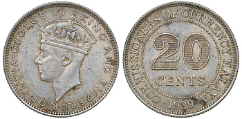 Британская Малайя 20 центов 1939 Георг VI (1937-1952) KM 5 серебро 53-325