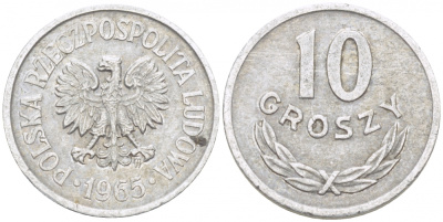ПОЛЬША 10 ГРОШЕЙ 1965 MW KM АА47 алюминий 112-1212