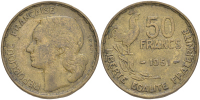 ФРАНЦИЯ 50 ФРАНКОВ 1951 ПЕТУХ KM 918.1, LE FRANC 425.5 алюминиевая бронза 189-315