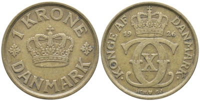 ДАНИЯ 1 КРОНА 1926 HCN ; GJ, КРИСТИАН X (1912-1947) KM 824.1 алюминиевая бронза 32-541