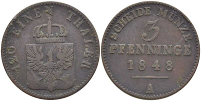 ПРУССИЯ 3 ПФЕННИГА 1848 А, ФРИДРИХ ВИЛЬГЕЛЬМ (1840-1861) KM 453 медь 117-154