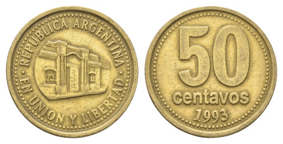 Аргентина 50 сентаво 1993 здание конгресса Тукумана KM 111 алюминиевая бронза 4663-617