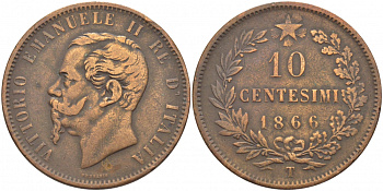 ИТАЛИЯ 10 ЧЕНТЕЗИМО 1866 T, ВИКТОР ЭММАНУИЛ II (1861-1878)KM 11.6 медь 114-621