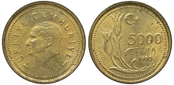 Турция 5000 лир 1995 Мустафа Кемаль Ататюрк KM 1029.1 латунь 62-1251