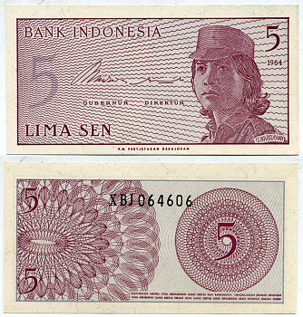 Индонезия 5 сенов 1964 девушка волонтер Pick 91 a  бумага  UNC (пресс) 7554-22-3-1