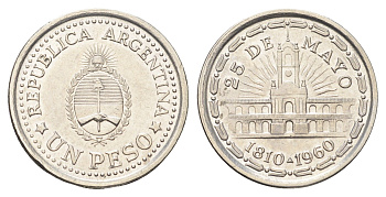 Аргентина 1 песо 1960 150 лет свержению Испанского Вице-короля KM 58 сталь плакированная никелем UNC 4662-657