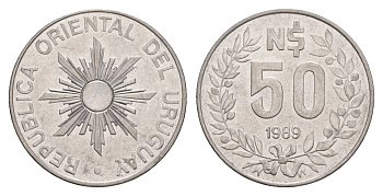 Уругвай 50 песо 1989 KM 94 нержавеющая сталь 4629-1045