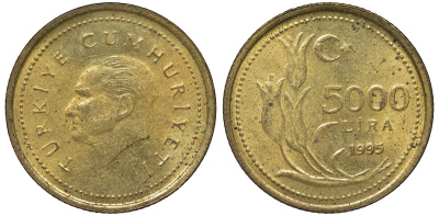 Турция 5000 лир 1995 Мустафа Кемаль Ататюрк KM 1029.1 латунь 62-1251