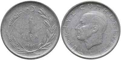 Турция 1 лира 1960 Мустафа Кемаль Ататюрк KM 889а.1 нержавеющая сталь 4541-1223