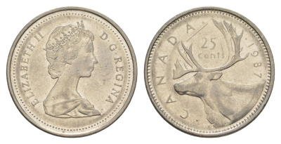 Канада 25 центов 1987 Елизавета II (1952-2022), олень KM 74 никель 4631-636