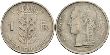 БЕЛЬГИЯ 1 ФРАНК 1969 BELGIQUE KM 142.1 медно-никель 4546-456