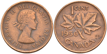 Канада 1 цент 1956 Елизавета II (1952-2022), кленовый лист KM 49 бронза 188-747
