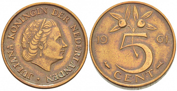 НИДЕРЛАНДЫ 5 ЦЕНТОВ 1961 ЮЛИАНА KM 181 бронза 3718-354