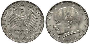 ФРГ 2 марки 1963 D, Макс Планк KM 116, J.392 медно-никель плакированный никелем 3855-922