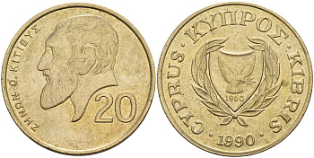 Кипр 20 центов 1990 KM 62.1 никель латунь 4140-814
