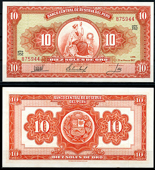 Перу 10 солей 1967 сидящая свобода, Thomas de la Rue Pick 84 a  бумага  аUNC 444-117-1-2