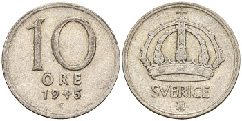 Швеция 10 эре 1945 G, Густав V (1907-1950) KM 813 серебро 4147-848