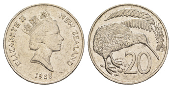 Новая Зеландия 20 центов 1988 Елизавета II (1952-2022), птичка киви KM 62 медно-никель 86-1534