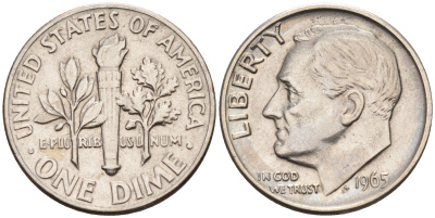 США 10 центов = дайм 1965 Рузвельт KM 195а медь плакированная медно-никелем    4115-351