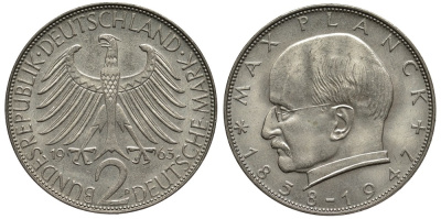 ФРГ 2 марки 1963 D, Макс Планк KM 116, J.392 медно-никель плакированный никелем 3855-922