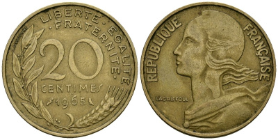 Франция 20 сантимов 1965 тип Marianne KM 930 медь алюминий никель 4135-554