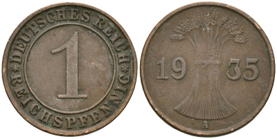 Германия 1 рейхспфенниг 1935 A KM 37, J. 313 бронза 4189-1258