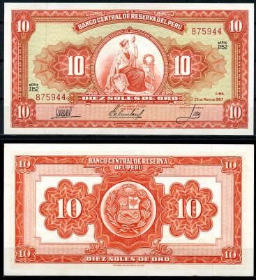 Перу 10 солей 1967 сидящая свобода, Thomas de la Rue Pick 84 a  бумага  аUNC 444-117-1-2