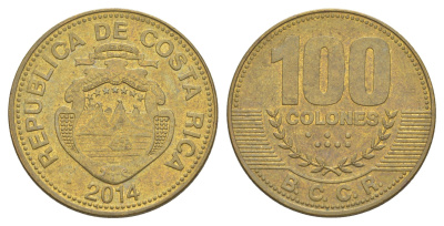 Коста-Рика 100 колонов 2014 B.C.C.R. KM 240a сталь плакированная латунью 4163-135