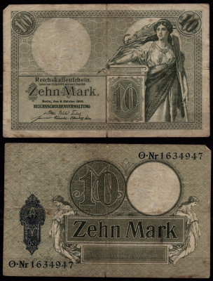 Германия 10 марок 1906 Женщина,аллегорические женщины Pick 9 b бумага 7547-66-2-2