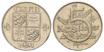 Чехословакия 5 крон 1991 KM 152 медно-никель aUNC 4670-341