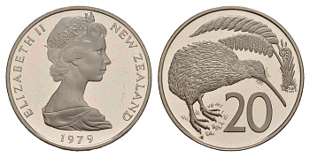 Новая Зеландия 20 центов 1979 Елизавета II (1952-2022), птичка киви KM 36.1 медно-никель PROOF 650-825