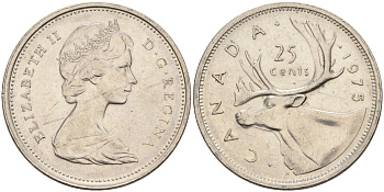 Канада 25 центов 1975 Елизавета II (1952-), олень KM 62b никель 4577-421