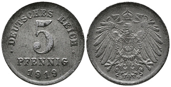 ГЕРМАНИЯ 5 ПФЕННИГОВ 1919 D KM 19, J. 297 железо 39-261