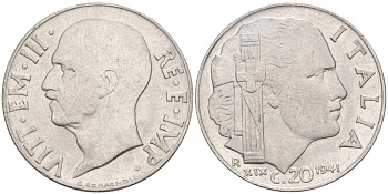ИТАЛИЯ 20 ЧЕНТЕЗИМО 1941 R, ГОД XIX, ВИКТОР ЭММАНУИЛ III (1900-1946) KM 75b, VEM3. 1028 нержавеющая сталь 3853-1115