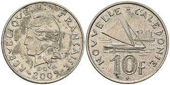 Французская Новая Каледония 10 франков 2009 рыбачья парусная лодка, (IEOM) KM 11a, Schoen 13a, Lec 99k медно-никель 62-1136